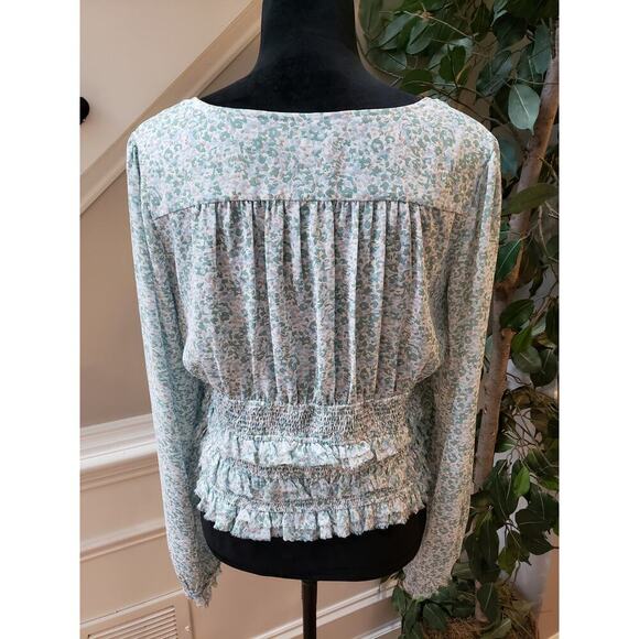 Millibon Blouse Top Womens L Green Floral Ruffled Smocked Tie Front Square Neck - Picture 4 of 12